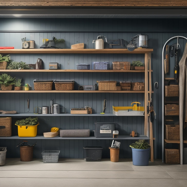A clutter-free garage with a slatwall featuring hooks holding a rake, pruning shears, and a hedge trimmer, alongside a shelved unit storing bins labeled with gardening icons.