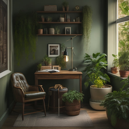 A serene, natural-lit study nook with a wooden desk, ergonomic chair, and a wall-mounted shelf holding a stethoscope, medical textbooks, and a few lush green plants.