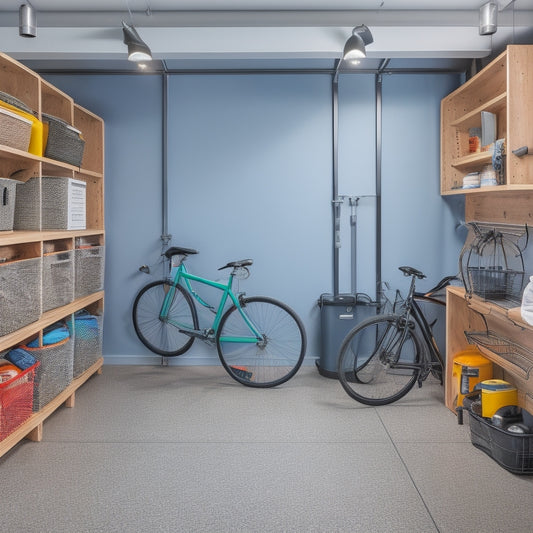 A clutter-free garage interior with sleek, wall-mounted shelves, bins, and hooks, showcasing a variety of storage solutions, including a slatwall with baskets and a ceiling-mounted bike rack.