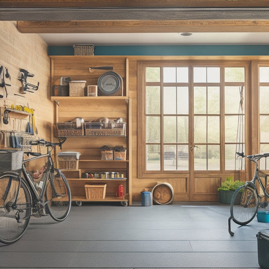 A clutter-free garage with a slatwall system, hooks, and bins, featuring a parked car, a workbench with tools, and a few bicycles hung from the ceiling, all bathed in warm natural light.