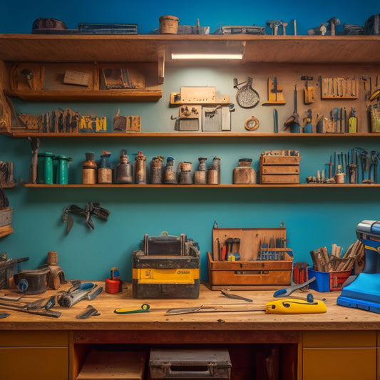 A well-organized workshop with a tidy workbench, various tools hung on a pegboard, a toolbox with open drawers, and a vice grip holding a wrench, surrounded by scattered tool manual pages.