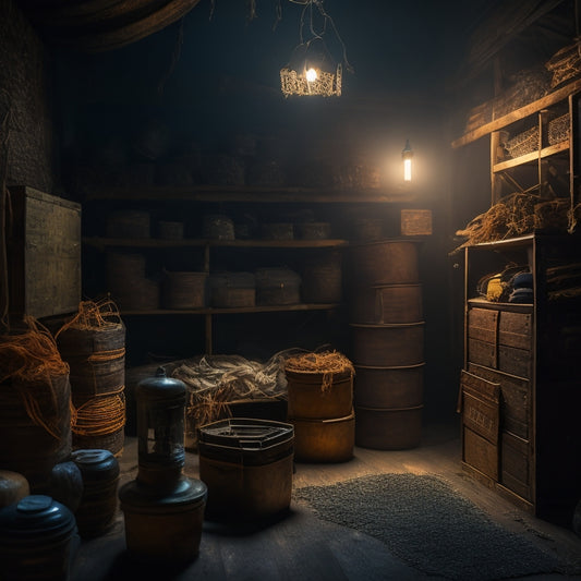 A dimly lit, mysterious storage room with old trunks, dusty shelves, and cobweb-covered containers, illuminated by a single, faintly glowing lantern, surrounded by unraveling threads and scattered puzzle pieces.