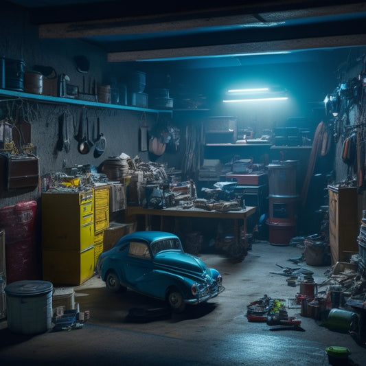 A dimly lit garage with cluttered shelves, tangled cords, and scattered tools, surrounded by dusty boxes and forgotten memorabilia, with a faint outline of a car buried beneath the chaos.