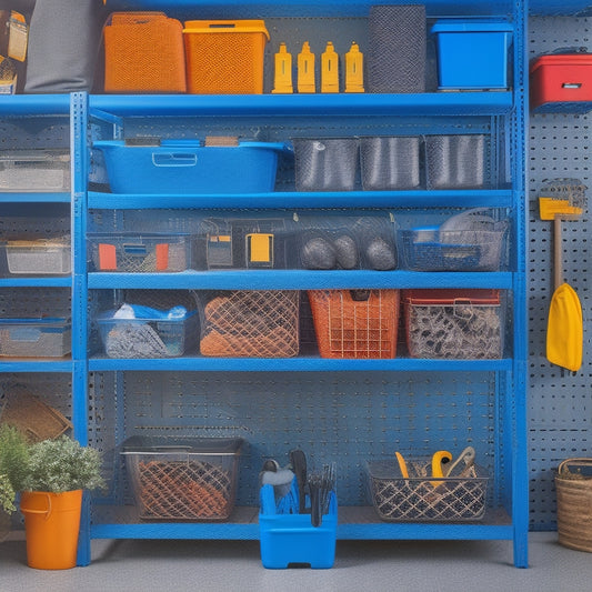 A well-organized garage with a slatwall featuring various hooks, bins, and baskets in a cohesive color scheme, surrounded by a pegboard with hung tools and a DIY shelving unit with labeled containers.