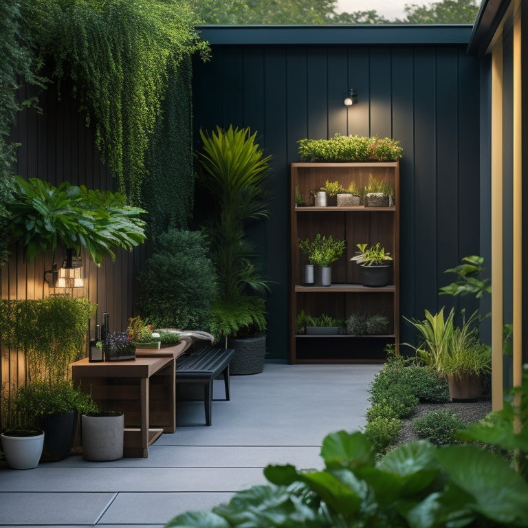 An image of a sleek, modern patio with a hidden storage bench, a vertical garden with built-in shelves, and a cantilevered umbrella stand, surrounded by lush greenery and warm lighting.