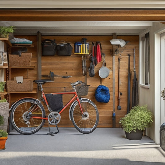 A clutter-free small garage with a parked bike, a few storage bins, and a neatly organized section dedicated to outdoor furniture, including a compactly folded patio set and a rolled-up hammock.