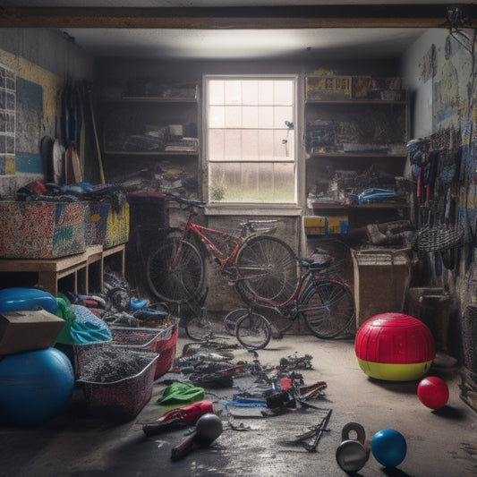 A cluttered garage with bikes, balls, and toys scattered on the floor, alongside boxes and bins stacked haphazardly, with a few tools hanging from the walls, and a burst of natural light from an open door.