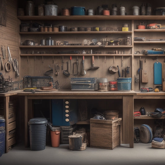 A cluttered garage with scattered tools and boxes transitioning to a renovated space with sturdy wooden shelves, a built-in workbench, and a pegboard covered in neatly organized tools.
