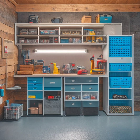 A well-lit, organized garage with a pegboard covered in neatly hung tools, a rolling tool cabinet with labeled drawers, and a corner shelving unit holding stacked plastic bins.