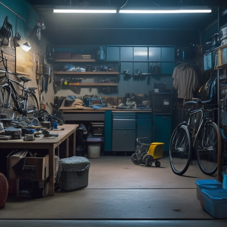 A dimly lit garage with a cluttered floor, tools scattered everywhere, bicycles and boxes stacked haphazardly, and a single, lonely parking space in the corner, partially hidden by clutter.