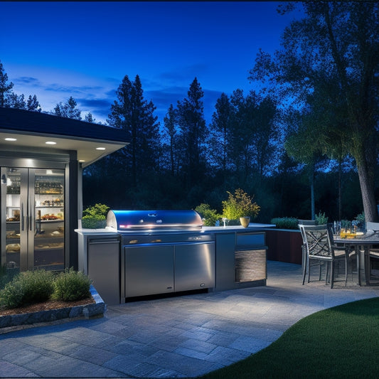 A modern outdoor kitchen with sleek, stainless steel appliances, a curved granite countertop, and a built-in wine refrigerator, surrounded by lush greenery and warm string lighting under a starry night sky.