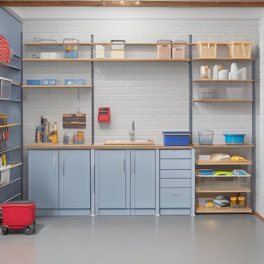 A clutter-free garage with a slatwall featuring mounted bins, baskets, and hooks, alongside a sleek workbench with built-in cabinets and a pegboard, all set against a clean, epoxy-coated floor.