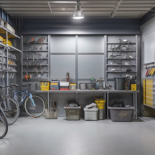 A well-lit, clutter-free garage with a sleek, gray epoxy floor, organized rows of bins and tools, and a custom slatwall with hooks and baskets, surrounded by a few neatly parked bicycles.