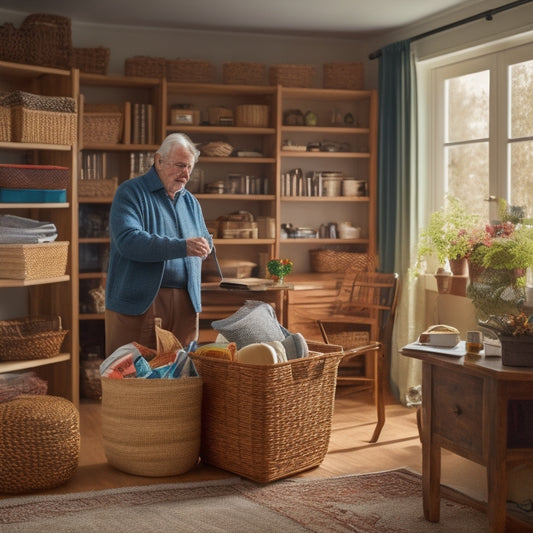 An elderly person standing in a clutter-free, well-lit living room with a mix of storage solutions: a wooden bookshelf, woven baskets, and a compact, wheeled storage unit with foldable chairs in the background.