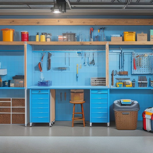 A tidy garage with a slatted wall system, bins labeled by category, a pegboard with neatly hung tools, and a sleek workbench with a built-in vice, surrounded by a polished concrete floor.