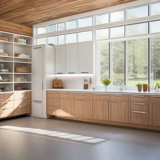 A bright, modern garage with sleek, white, soft-close cabinets, chrome hardware, and a warm, honey-brown wood accent wall, illuminated by natural light pouring in through a large window.