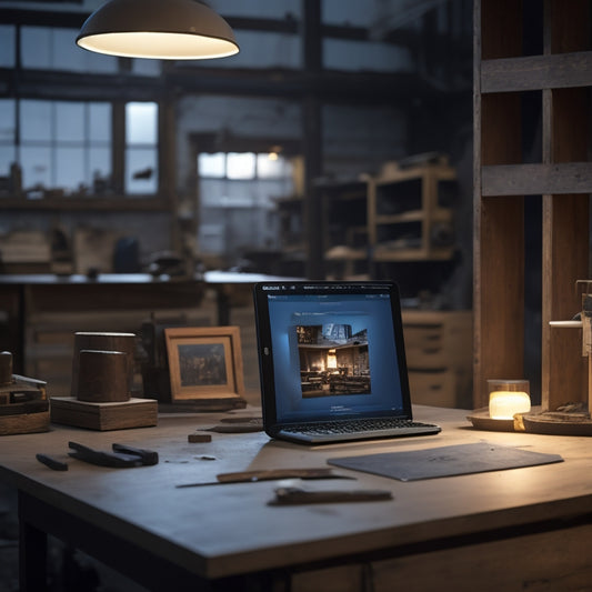 An image depicting a cluttered, dimly lit workshop in the background, with a sleek, modern tablet in the foreground, displaying a bright, 3D digital blueprint of a custom woodworking project.