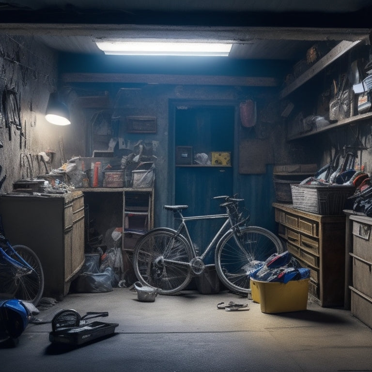 A cluttered garage interior with scattered tools, overturned storage bins, and a bicycle leaning precariously against a wall, surrounded by cobwebs and dust, with a single, faint lightbulb hanging from the ceiling.