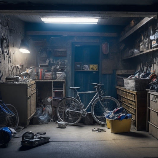 A cluttered garage interior with scattered tools, overturned storage bins, and a bicycle leaning precariously against a wall, surrounded by cobwebs and dust, with a single, faint lightbulb hanging from the ceiling.