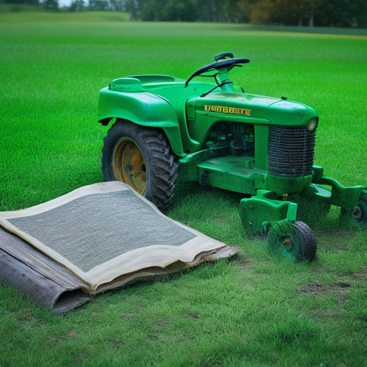A vintage John Deere 14SB mower with a faded and worn owner's manual lying open beside it, with torn and crumpled pages, surrounded by scattered tools and overgrown grass.
