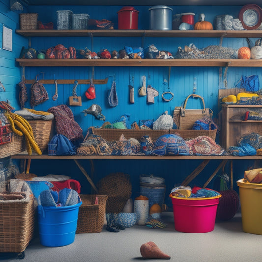 A cluttered garage with seasonal items scattered throughout, contrasted with a dedicated zone featuring labeled bins, hooks, and a pegboard, showcasing organized winter gear, summer toys, and autumn decorations.