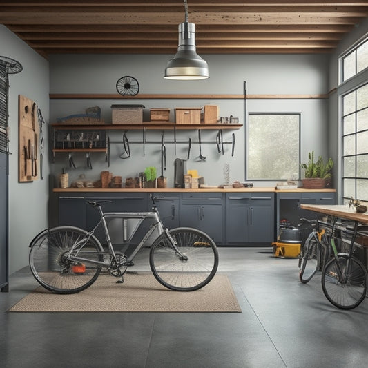 A clutter-free garage with a sleek, gray epoxy floor, organized tool stations, and a wooden workbench with a vintage-inspired metal vice, surrounded by neatly hung bicycles and storage bins.