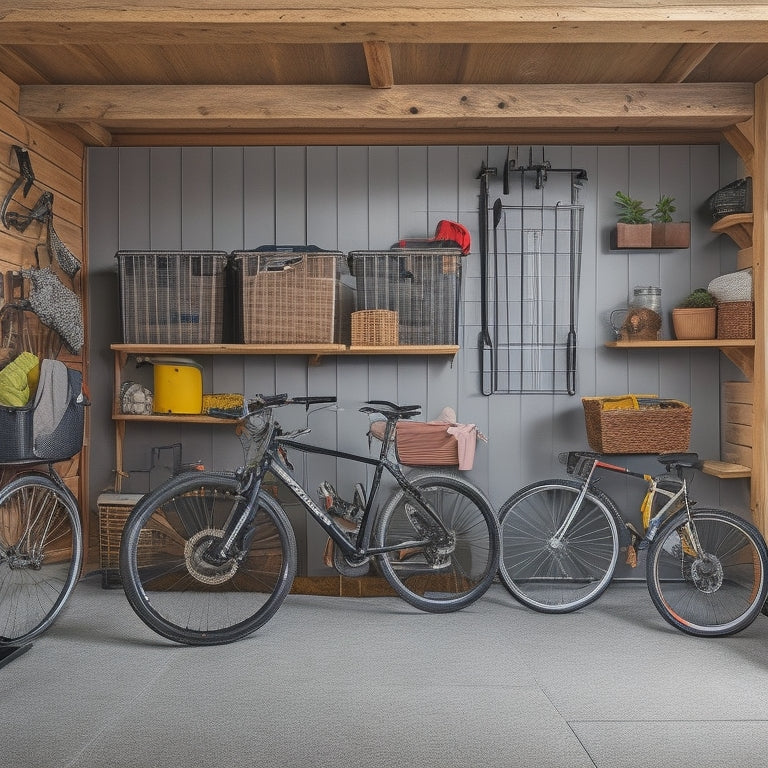 A clutter-free garage with a slatted wall system, baskets, and bins storing winter gear, summer toys, and camping equipment, with a few bikes and a lawnmower neatly organized in the background.