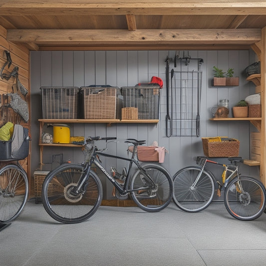 A clutter-free garage with a slatted wall system, baskets, and bins storing winter gear, summer toys, and camping equipment, with a few bikes and a lawnmower neatly organized in the background.
