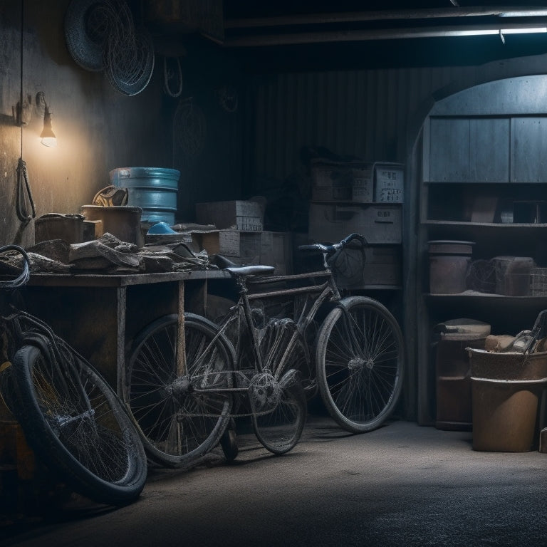 A dimly lit garage with cobwebs on rusty bicycles, old trunks, and dusty tools, surrounded by stacks of forgotten boxes, worn tires, and a faint outline of a hidden door or secret compartment.