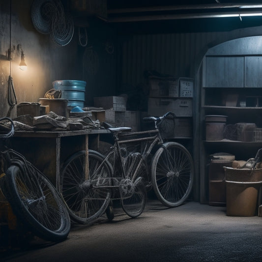 A dimly lit garage with cobwebs on rusty bicycles, old trunks, and dusty tools, surrounded by stacks of forgotten boxes, worn tires, and a faint outline of a hidden door or secret compartment.