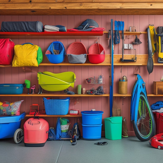 A clutter-free garage with organized shelves, bins, and hooks holding various outdoor gear, including a kayak, bicycles, camping equipment, and a prominently displayed storage label system.