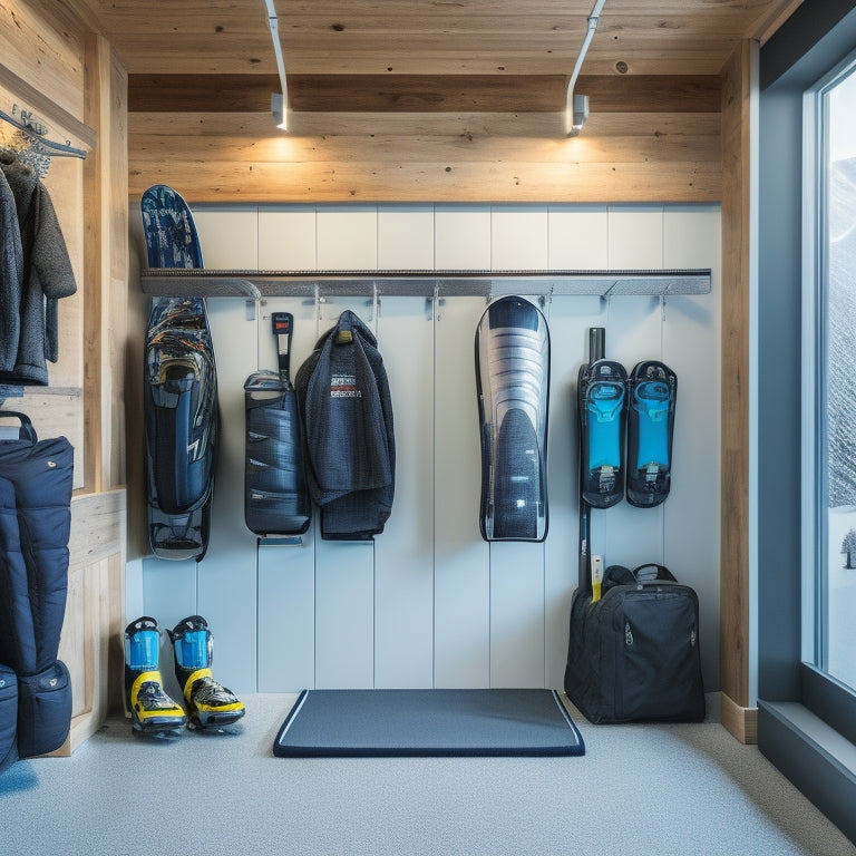 A sleek, modern garage with a wall-mounted ski rack holding three pairs of skis, and a nearby floor-to-ceiling storage unit containing snowboards, boots, and gear, all organized and neatly labeled.