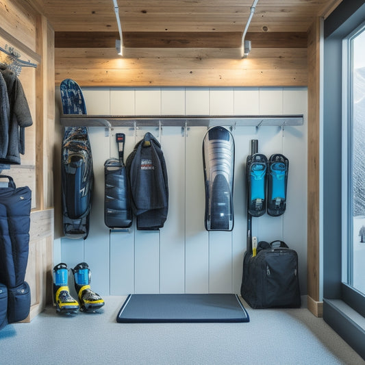 A sleek, modern garage with a wall-mounted ski rack holding three pairs of skis, and a nearby floor-to-ceiling storage unit containing snowboards, boots, and gear, all organized and neatly labeled.