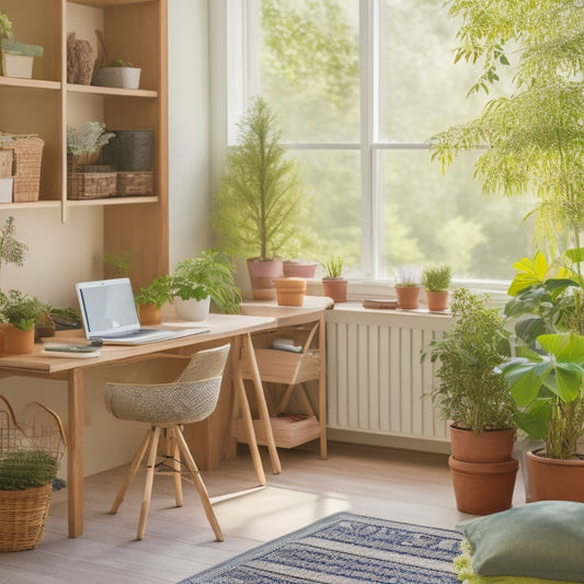 A serene and tidy homeschooling space with a wooden desk, organized shelves, colorful bins, and a corkboard displaying a schedule, surrounded by lush green plants and natural light.
