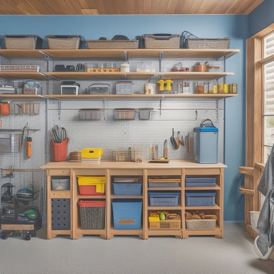 An organized garage with a slatwall featuring hooks, bins, and baskets, a floor-to-ceiling shelving unit, and a workbench with a built-in vice and a pegboard with hanging tools.