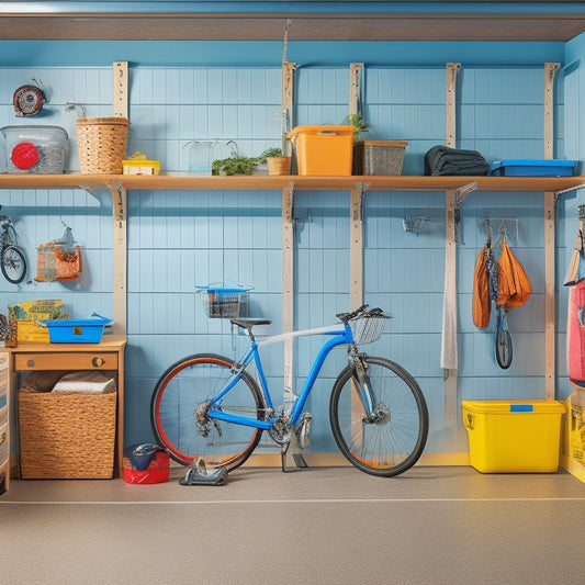 A clutter-free garage with a slatwall system, hooks, and bins, featuring a row of clear plastic containers on a shelf, a pegboard with hanging tools, and a few bicycles suspended from the ceiling.