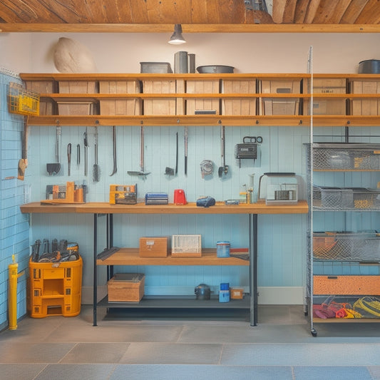 A well-organized garage workshop with a pegboard covered in neatly hung tools, a sleek workbench with built-in vice and built-in storage, and a floor-to-ceiling shelving unit with labeled bins.