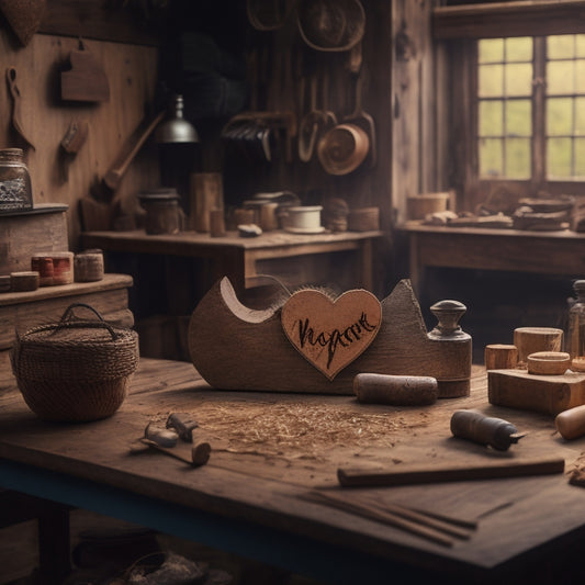 A warm and cozy workshop scene featuring a wooden workbench with various wooden heart shapes in different stages of creation, surrounded by tools and wooden shavings.