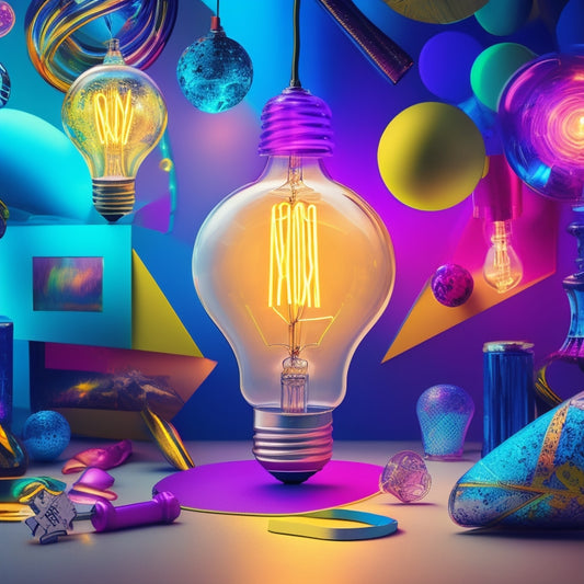 A vibrant, abstract illustration featuring swirling shapes and colors, with puzzle pieces and lightbulbs floating amidst a whirlwind of creative energy, surrounded by a faint grid of templates in the background.