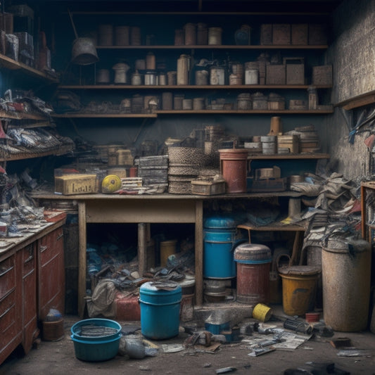 A cluttered garage with overloaded shelves, rusted brackets, and precarious stacks of boxes and tools, with a shelf on the verge of collapse, surrounded by scattered items and debris.