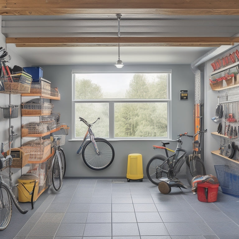 A tidy garage interior with a slanted ceiling, showcasing a mix of storage solutions: hanging bicycles, a pegboard with tools, and a wall-mounted shelving system with labeled bins.