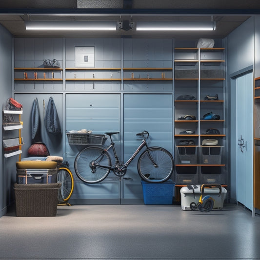 A well-lit, modern garage interior with sleek, wall-mounted shelves and bins in various sizes, a slatwall with hooks holding bikes and tools, and a floor-to-ceiling storage unit with labeled compartments.