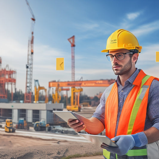 An illustration of a person wearing a hard hat and safety vest, standing in front of a construction site with cranes and buildings, holding a tablet with a checklist, surrounded by cones and warning signs.