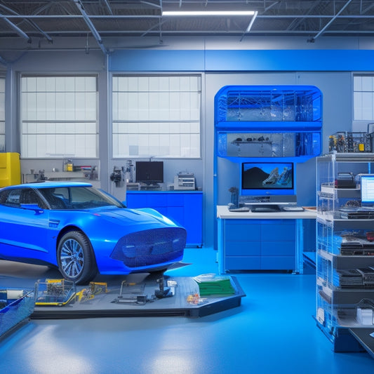 A futuristic workshop with a 3D printer and computer screens displaying blueprints of the Ford Maverick, surrounded by various custom accessories like roof racks, bike carriers, and bed liners in mid-assembly.