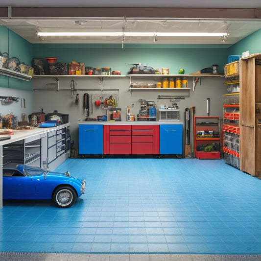 A clutter-free garage with a sleek, epoxy-coated floor, featuring a pegboard with neatly hung tools, a shelved storage system, and a parked car with ample surrounding space.
