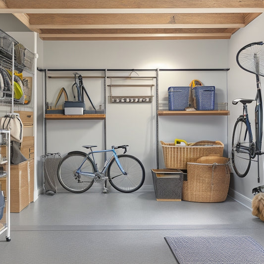 A clutter-free garage with a sleek, silver storage system featuring baskets, bins, and hooks, surrounded by a few strategically placed bicycles, tools, and sports equipment, bathed in soft, natural light.