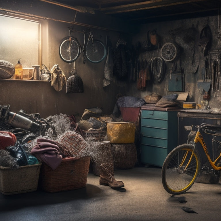 A cluttered garage interior with seasonal items like rusty bicycles, deflated pool inflatables, and dusty winter boots scattered chaotically, with cobwebs clinging to the walls and a single, flickering light bulb.