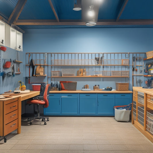 A well-lit, clutter-free garage with a slatwall featuring hooks, baskets, and bins, a floor-to-ceiling shelving unit, and a sleek workbench with built-in cabinets and a pegboard.