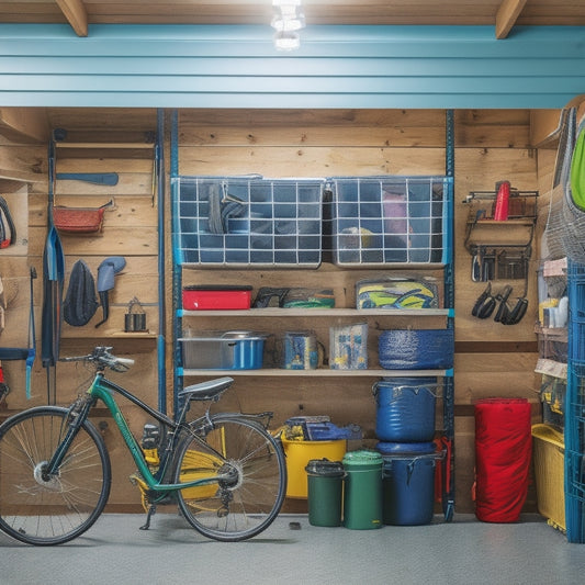 A clutter-free garage with organized camping gear: bicycles suspended from ceiling hooks, color-coded bins on shelves, and a pegboard with neatly hung ropes, lanterns, and camping tools.