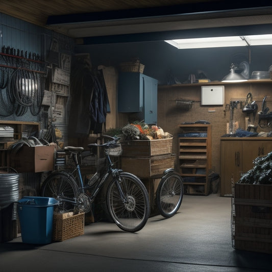 A dimly lit garage with cluttered floors, stacked boxes, and bicycles tangled with gardening tools, contrasted with a sleek, organized section featuring customized shelves with labeled bins and a parked car.
